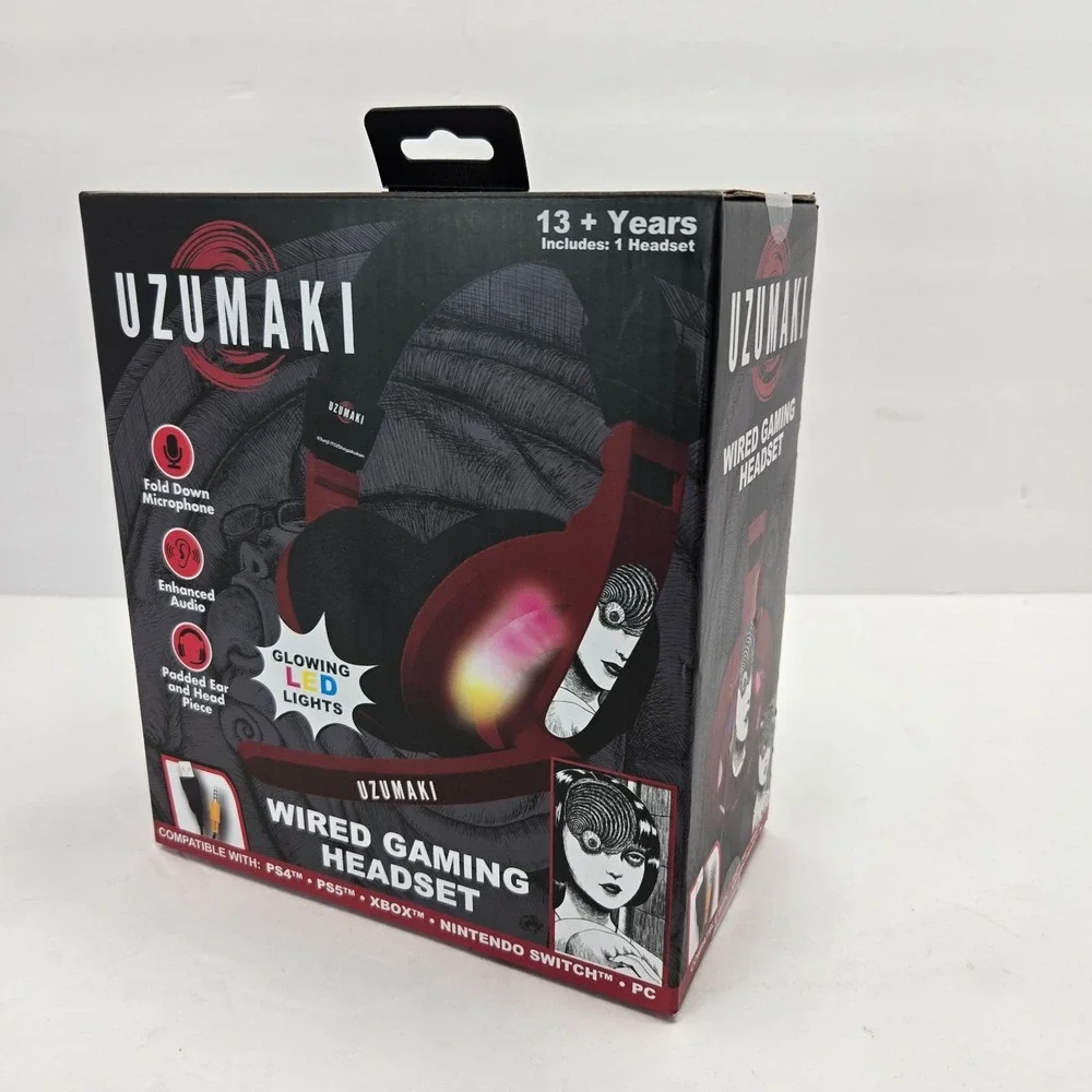 Uzumaki Wired Gaming Headset LED Lights Fold Down Mic PS4 PS5 Xbox Switch PC
